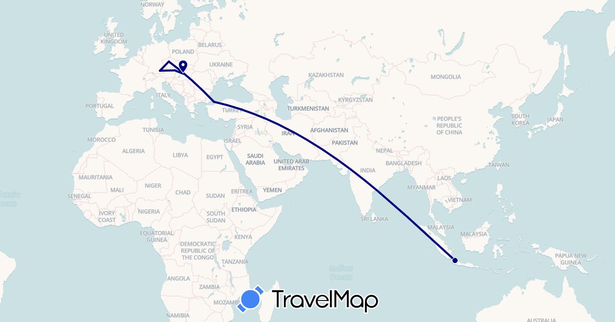 TravelMap itinerary: driving in Austria, Czech Republic, Germany, Hungary, Indonesia, Turkey (Asia, Europe)